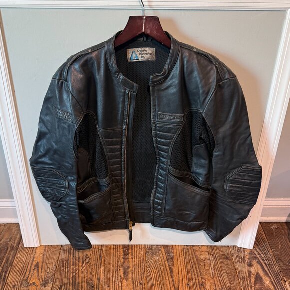 VINTAGE Leather Motorcycle Jacket Black Size 46 Tall Padded Vented Elbow Pads - Picture 1 of 14